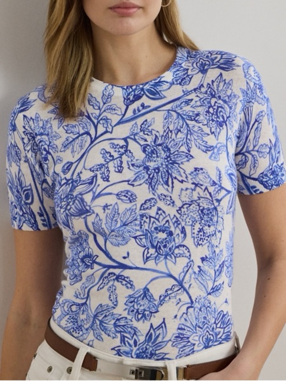 Floral Linen Cotton Short Sleeve Sweater
